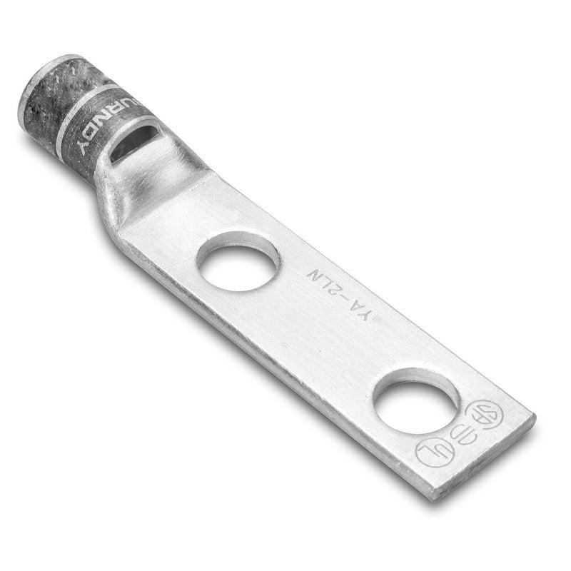 YA2CL-2TC38 Two Hole Hylug Code Conductor Standard Barrel Copper Compression Terminal, 2 AWG Conductor, 3/8" Stud Hole Size, 1" Stud Hole Spacing, 0.60" Tongue Width, 3.03" Length